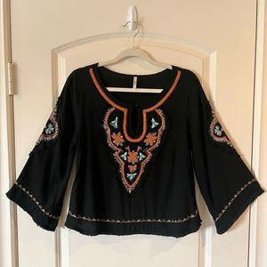 Voll Black Pullover Boho Embroidered Flared Bell Sleeve Blouse